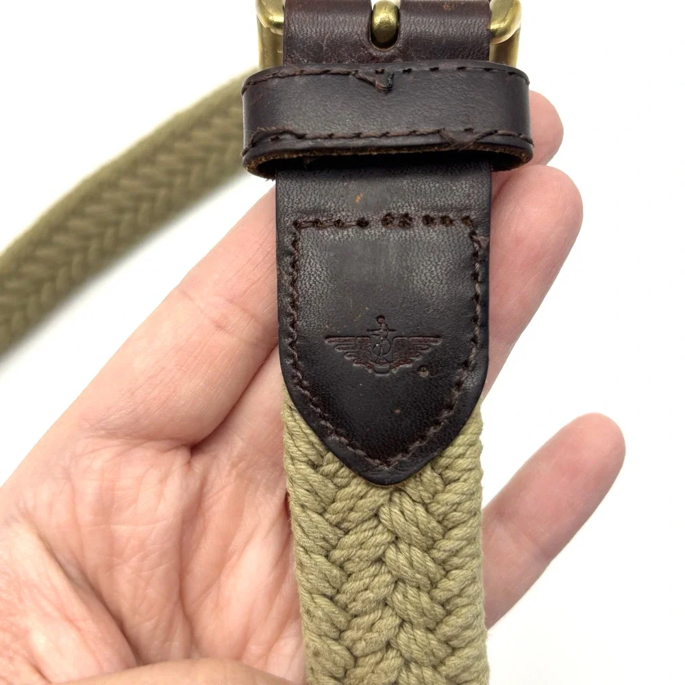 Vintage 90s Dockers 2593 Beige Woven Cotton Brown Leather Brass Buckle Belt 32